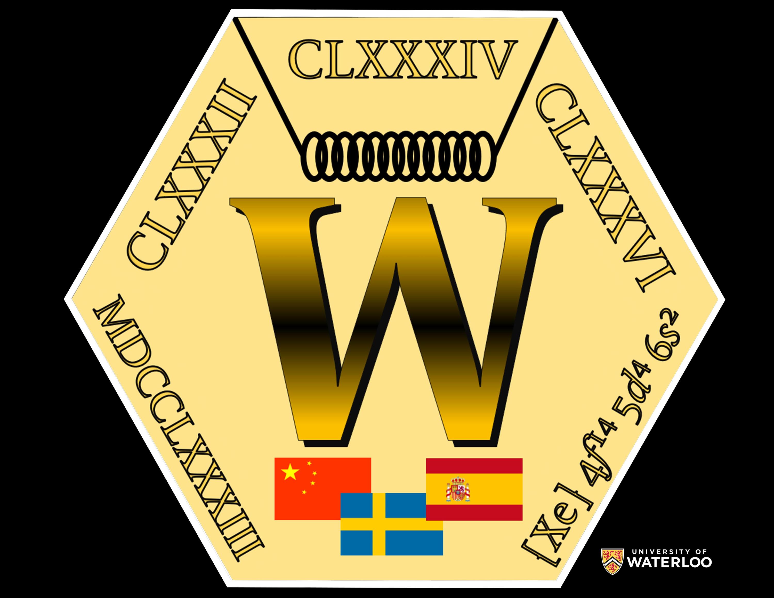 Digital composite on a gold background. A large, gold chemical symbol “W” is centre, above it a tungsten filament as used in a lightbulb. Below are the Chinese, Swedish, and Spanish flags. Around the edges of the tile are Roman letters spelling out “1783” along with three of tungsten’s most abundant isotopes. Lastly, the border includes an equation describing the ground state electron configuration.