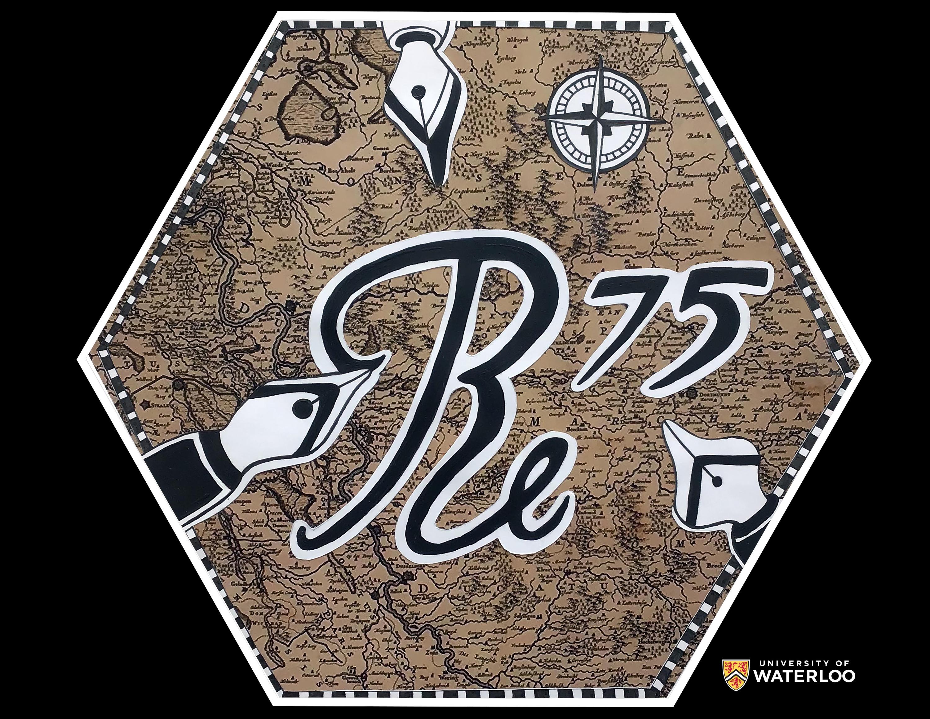 Digital composite. Chemical symbol “Re” and atomic number “75” are centre, both written in cursive script. Three fountain pens heads are pointing centre with a compass in the upper righthand side. The background is a 1690 map of the Rhine Valley in Germany.