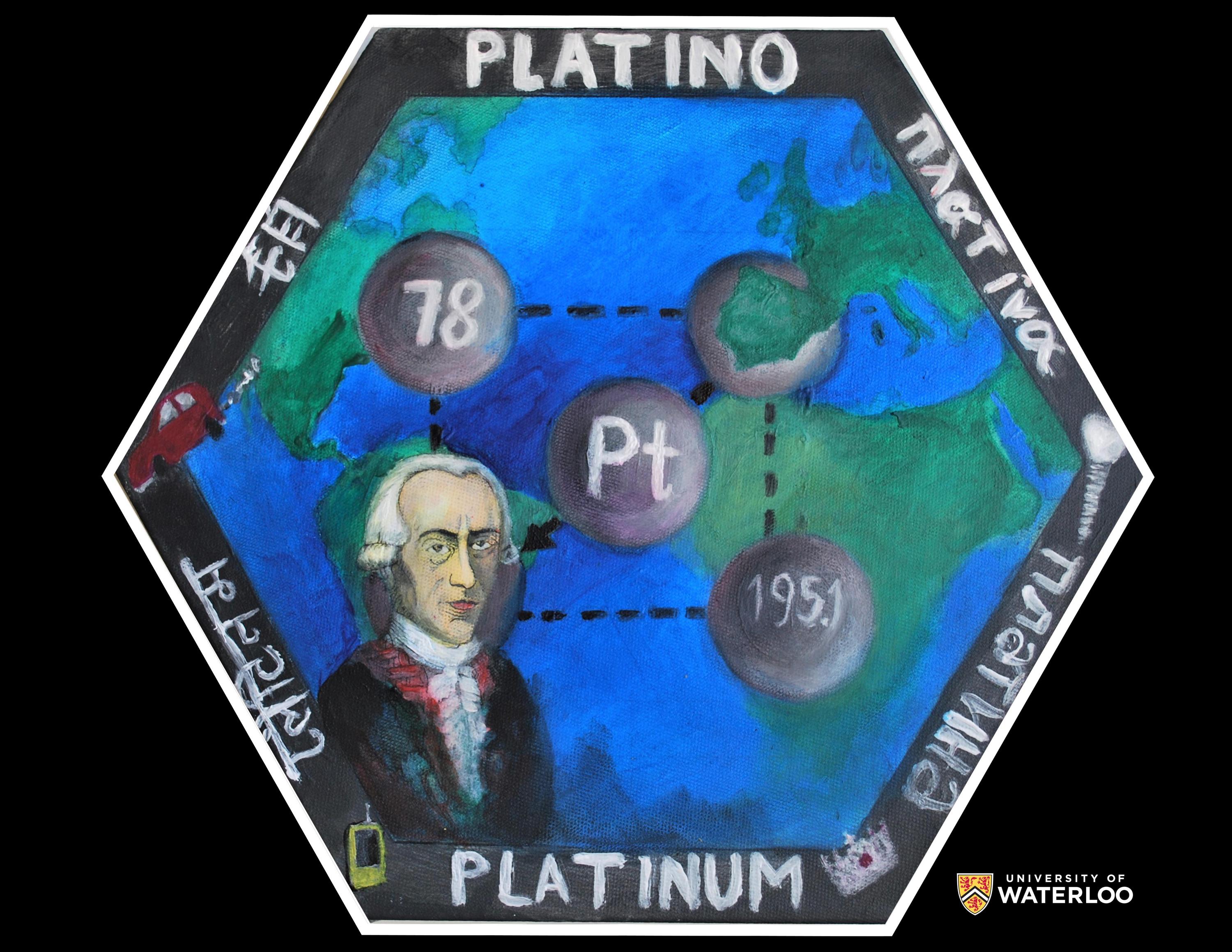 Ink and acrylic on bright blue background. Antonio de Ulloa appears bottom left. Behind him is a map of the world with “78”, “Pt” and “195.1” marked as destinations. The edge of the tile is decorated with images of cars, electronic devices and cars, “Platinum” in different languages, including English.