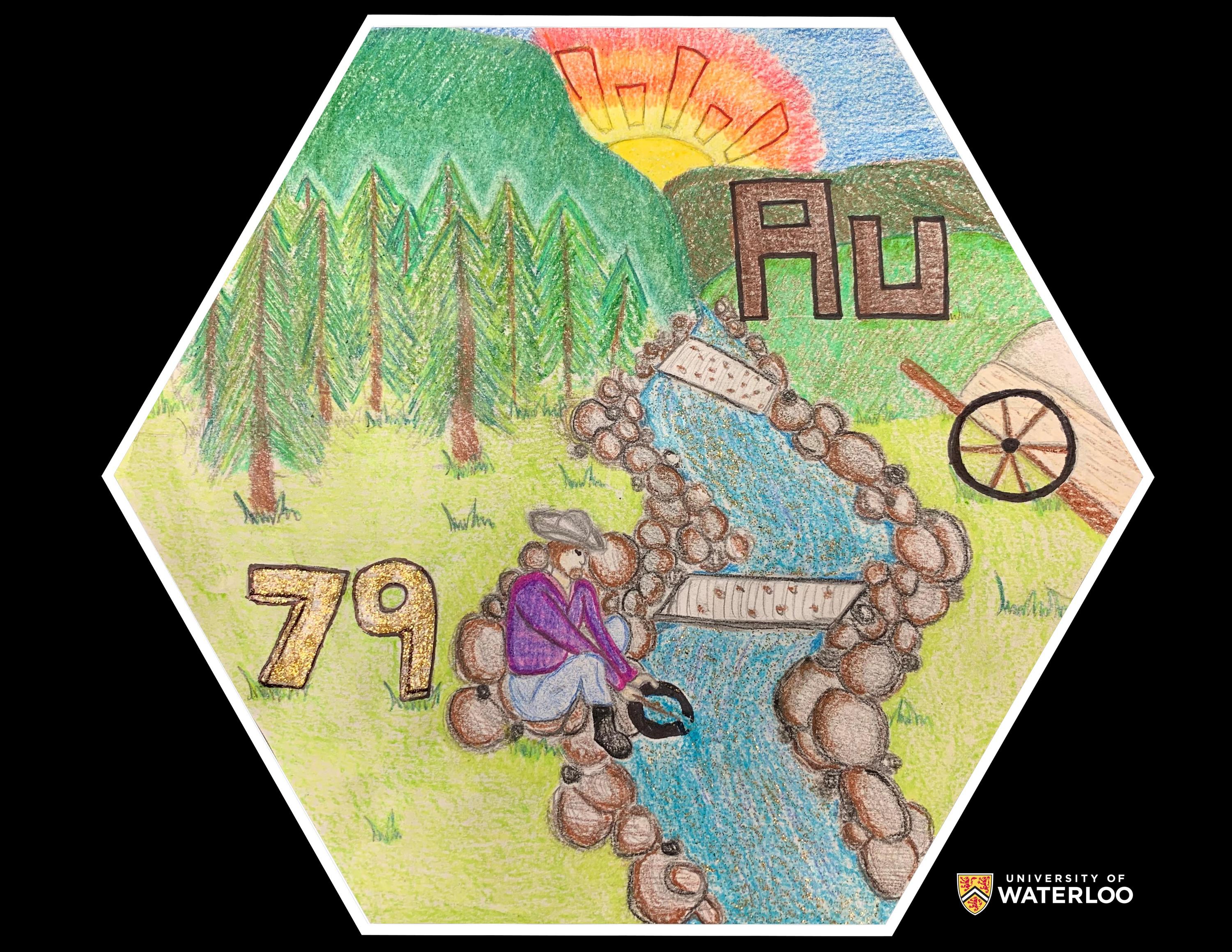 Multimedia. A mountain landscape with a miner panning for gold in a river in the 1800s. The chemical symbol “Au”, drawn in earth tones, appears upper right with the glittery, gold-coloured atomic number “79” in the lower left of the tile.