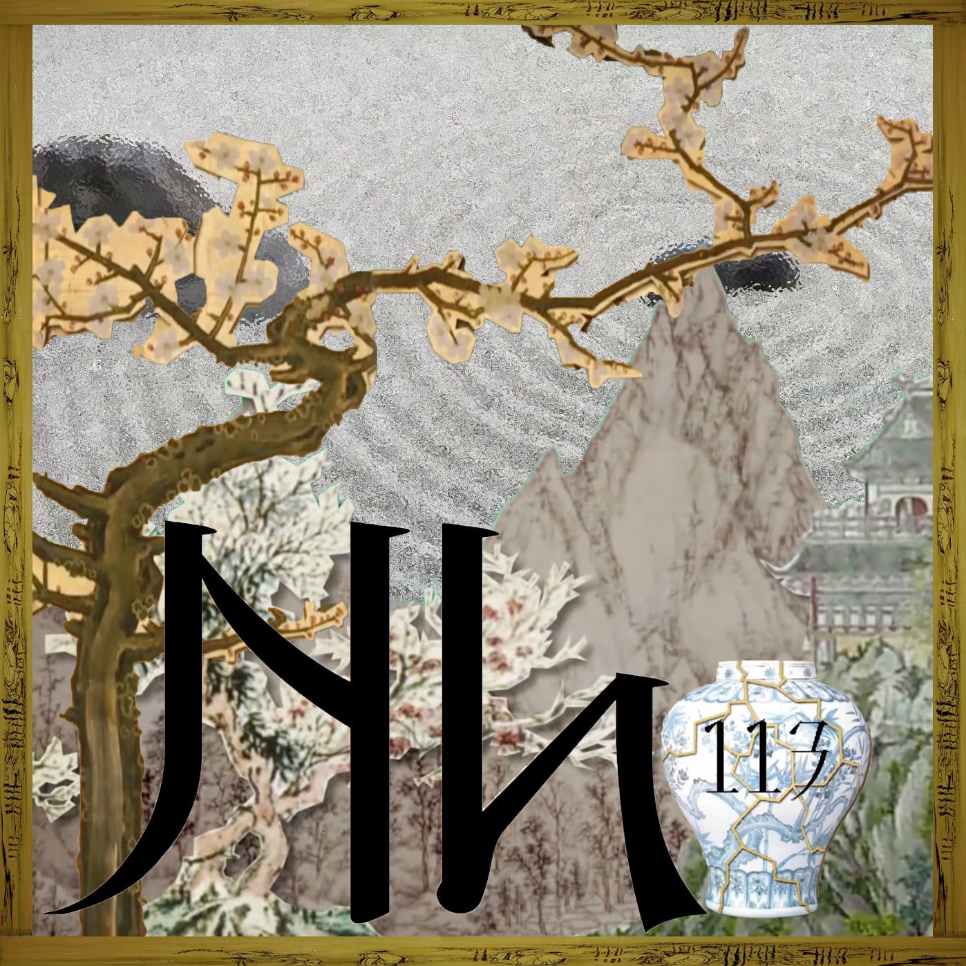 elemental tile of nihonium with Japanese scenery, architecture, zen garden and wabi-sabi 