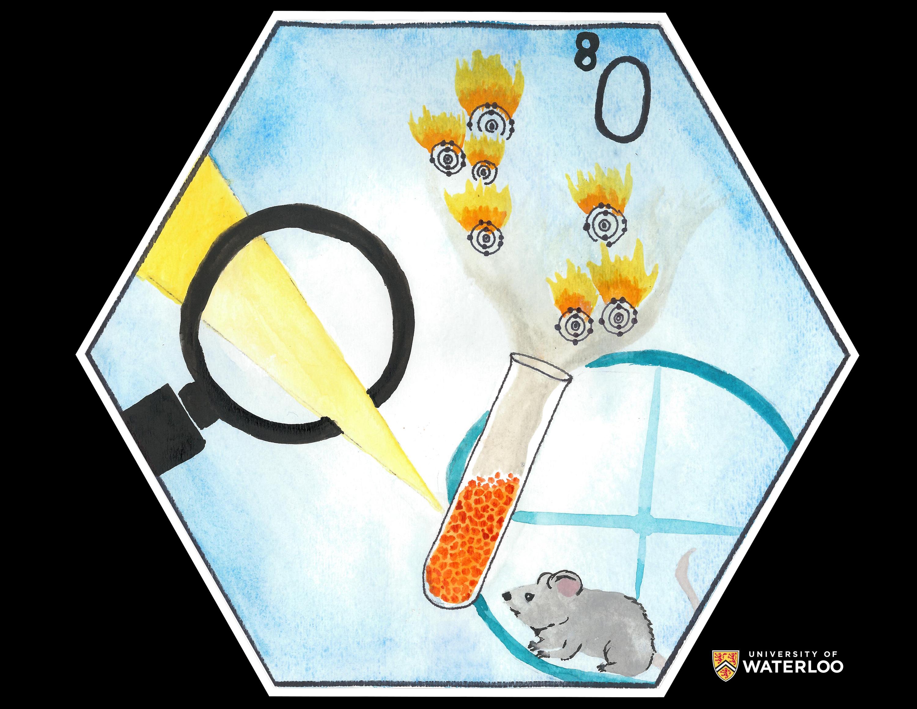Watercolor. One of the first experiments used to isolate oxygen. Sunlight heats a vial containing mercury (III) oxide which produces oxygen gas illustrated by tiny atomic Bohr models in flames. Mouse runs on an exercise wheel in the background.