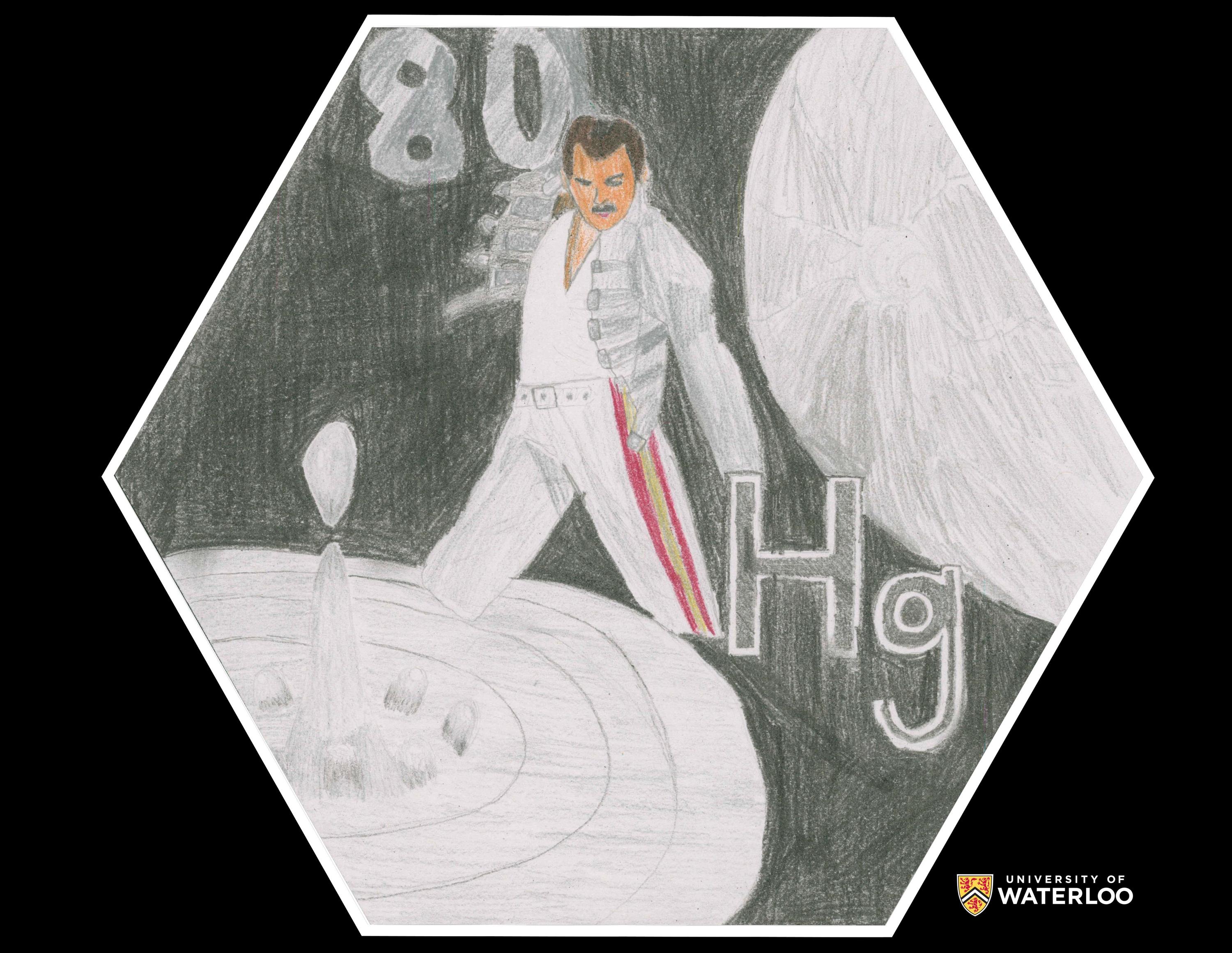 Pencil on black paper. The image is mainly silver with Freddie Mercury dancing in a pair of red stripped pants in a pool of liquid mercury, centre. Above him, the atomic number “80”. Bottom right is the chemical symbol “Hg”. To the right is the planet Mercury.