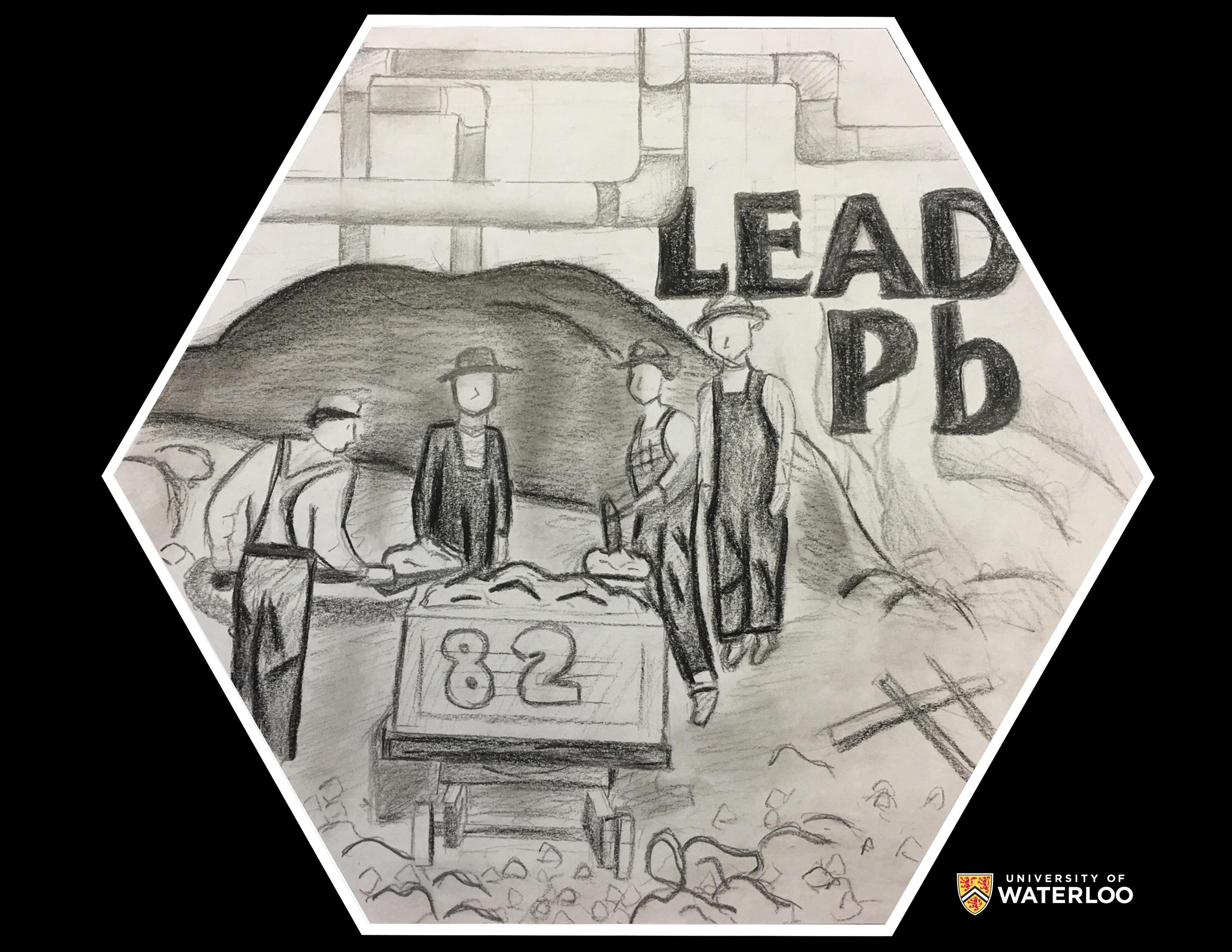 Pencil on white paper. Centre shows four miners surrounding a mining cart with “82” on it. Above are plumbing pipes made using lead as well as “Lead” with the chemical symbol “Pb” below.
