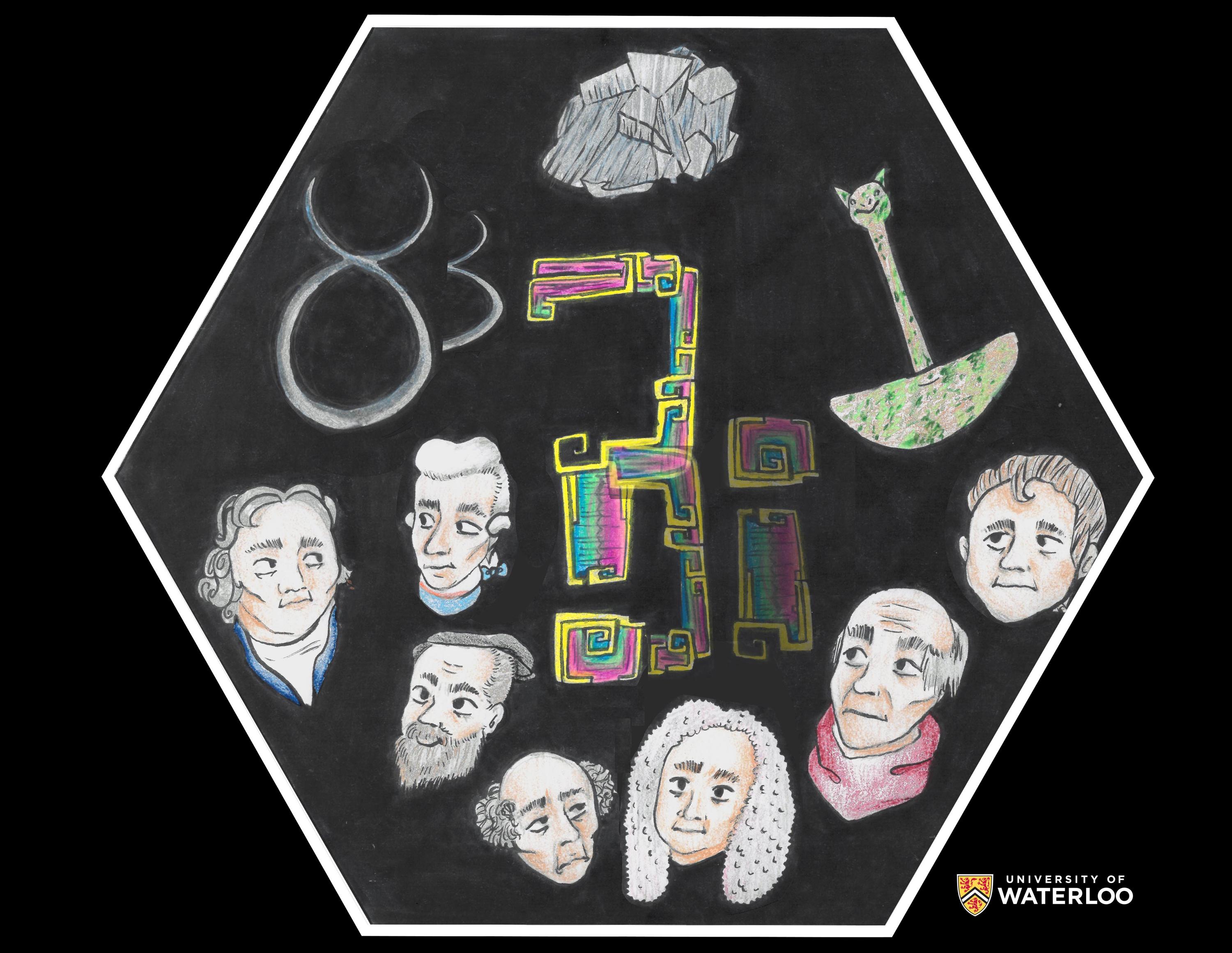 Pencil and marker with digital post processing on black paper. Chemical symbol “Bi” spelled out in a crystal pattern; the "B" also includes a question mark in its shape. Atomic number “83” appears above with a sample of raw bismuth and an Incan bismuth bronze knife. Below are portraits of Scheele, Bergman, Geoffory; Agricola, Paracelsus, Neuman, and Valentine.