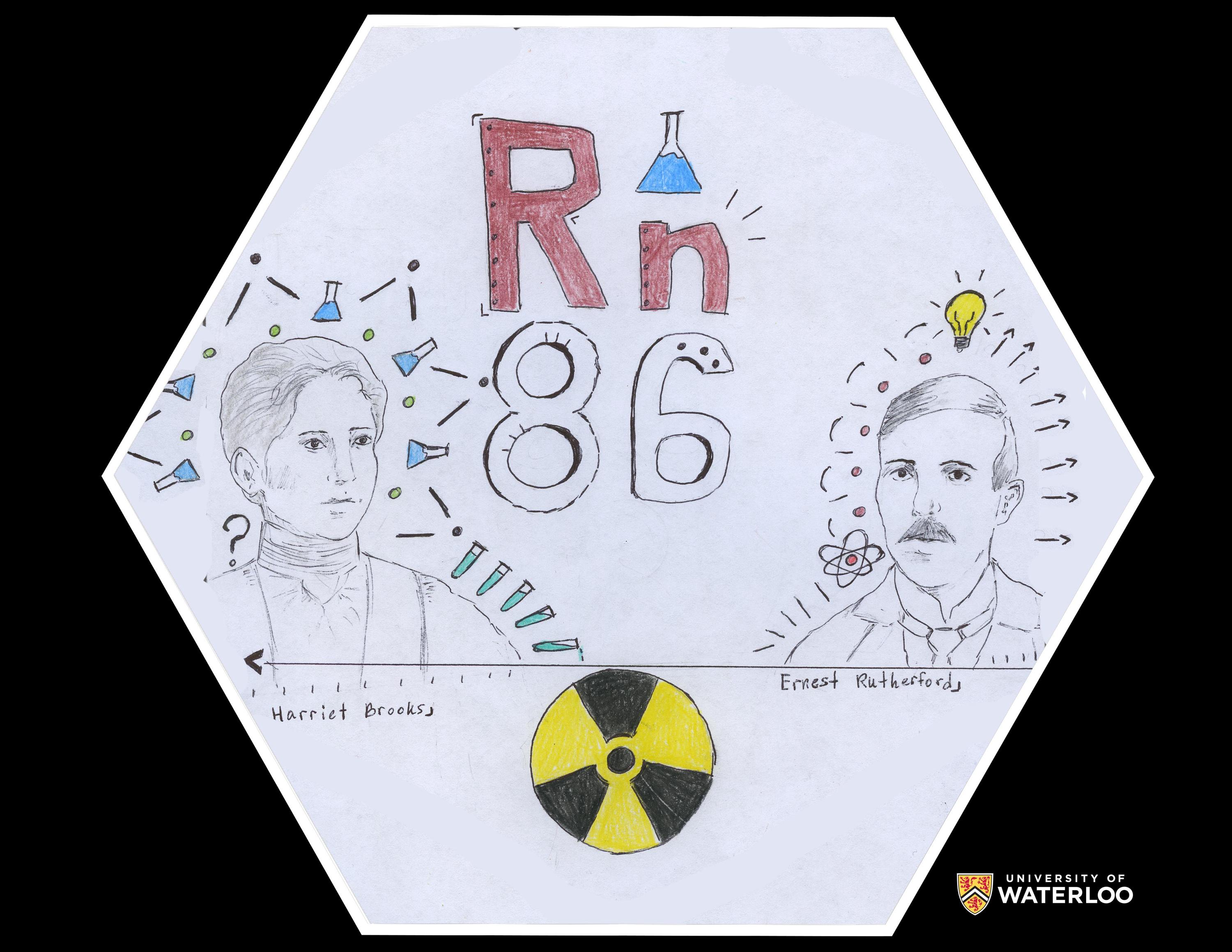 Coloured pencil on white paper. The chemical symbol “Rn” and “86” appear centre. A small, blue Erlenmeyer flask sits above. Harriet Brooks is illustrated left; Ernest Rutherford right. At the bottom is a radioactive symbol.