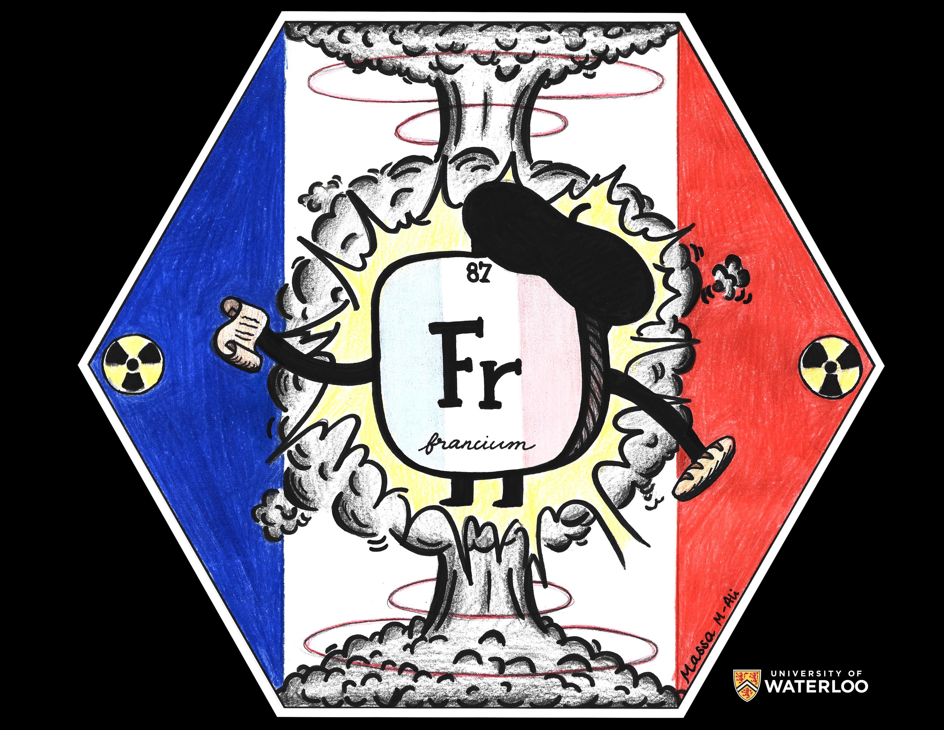 Ink and coloured pencil on French flag (blue-white-red) background . A periodic table tile with the chemical symbol “Fr” appears centre. The tile has hands and feet and is also coloured like the French flag. It’s wearing a beret and holding a baguette in one hand and a scroll in the other. To the right and left are two small radioactive symbols. Two nuclear explosions from above and below are meeting together in the middle.