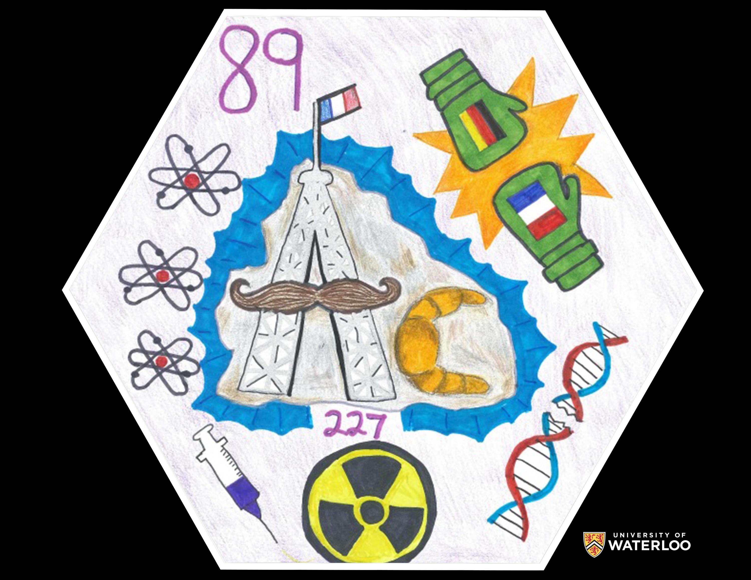 Coloured pencil on white background. The chemical symbol “Ac” written using the Eiffel tower and a croissant. Surrounding the central image are “89”, two boxing gloves punching each other with the French and German flags, a DNA strand, a radioactive symbol, a syringe, and three atomic symbols,