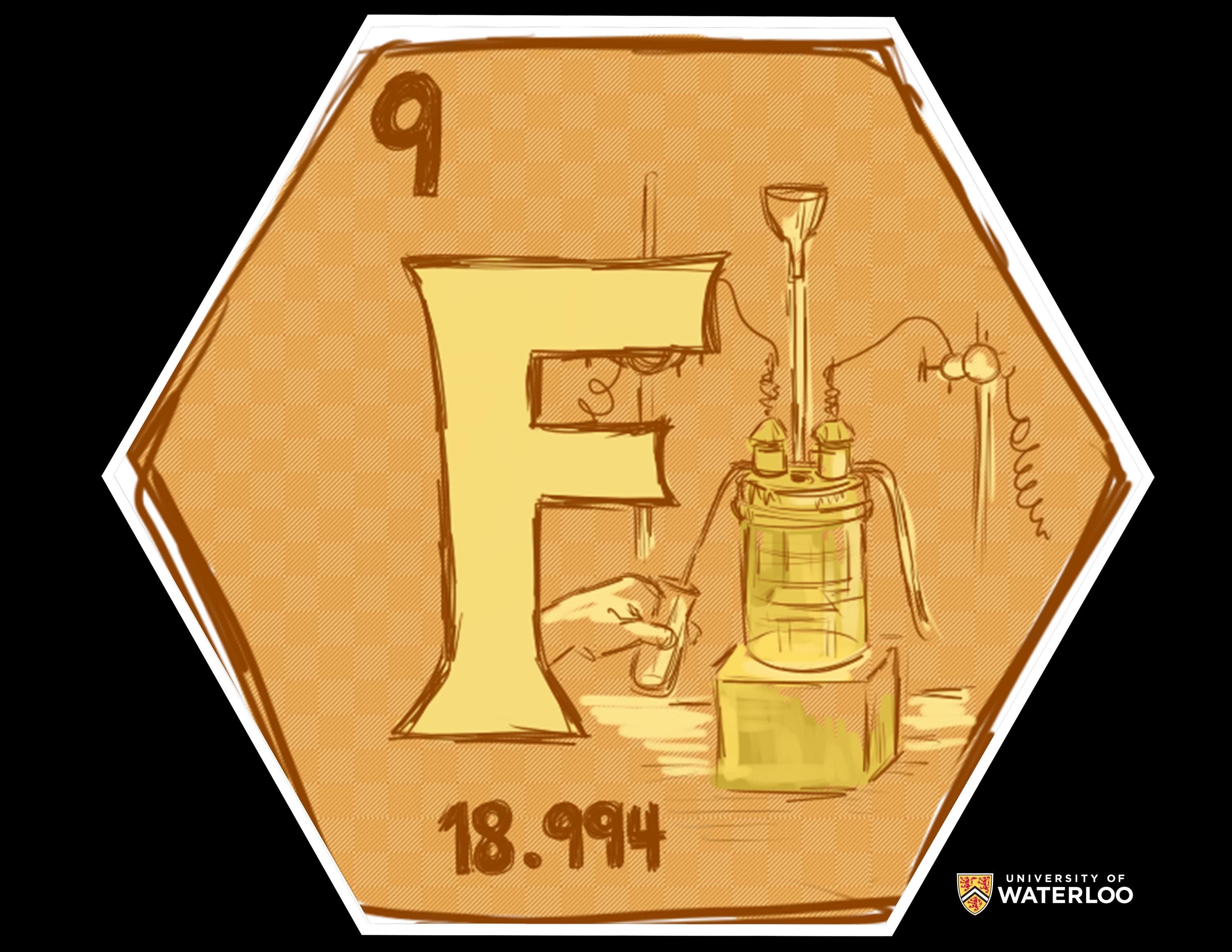 Digital illustration in yellows and oranges. Chemical symbol “F” appears centre. Above “9”. Bottom “18.994”. Background shows electrolysis experiment used to generate fluorine.