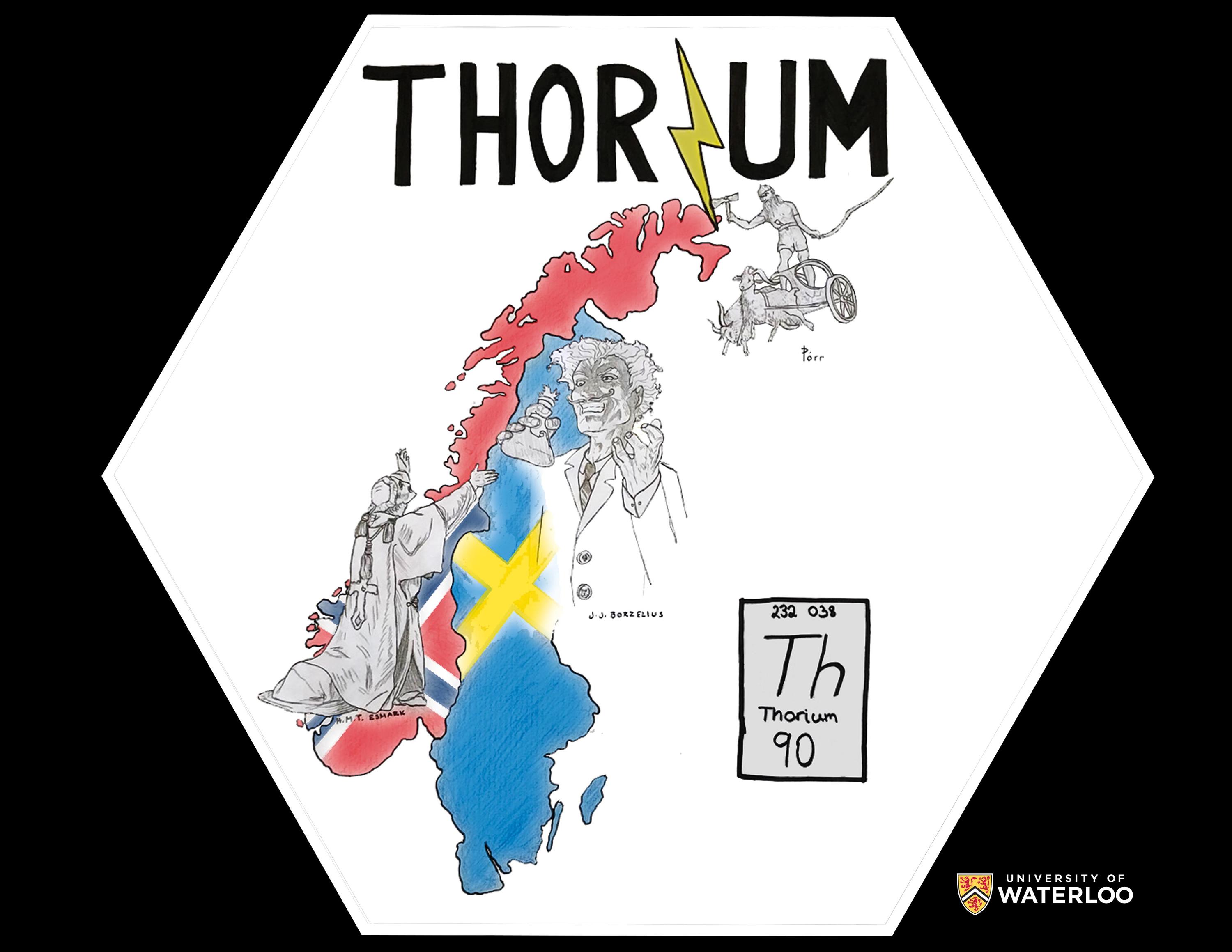  Thrane Esmark, Jöns Jacob Berzelius, and Thor, the Norse god of thunder. Bottom right is the periodic table tile with the chemical symbol “Th”, “232.038” and “90”.
