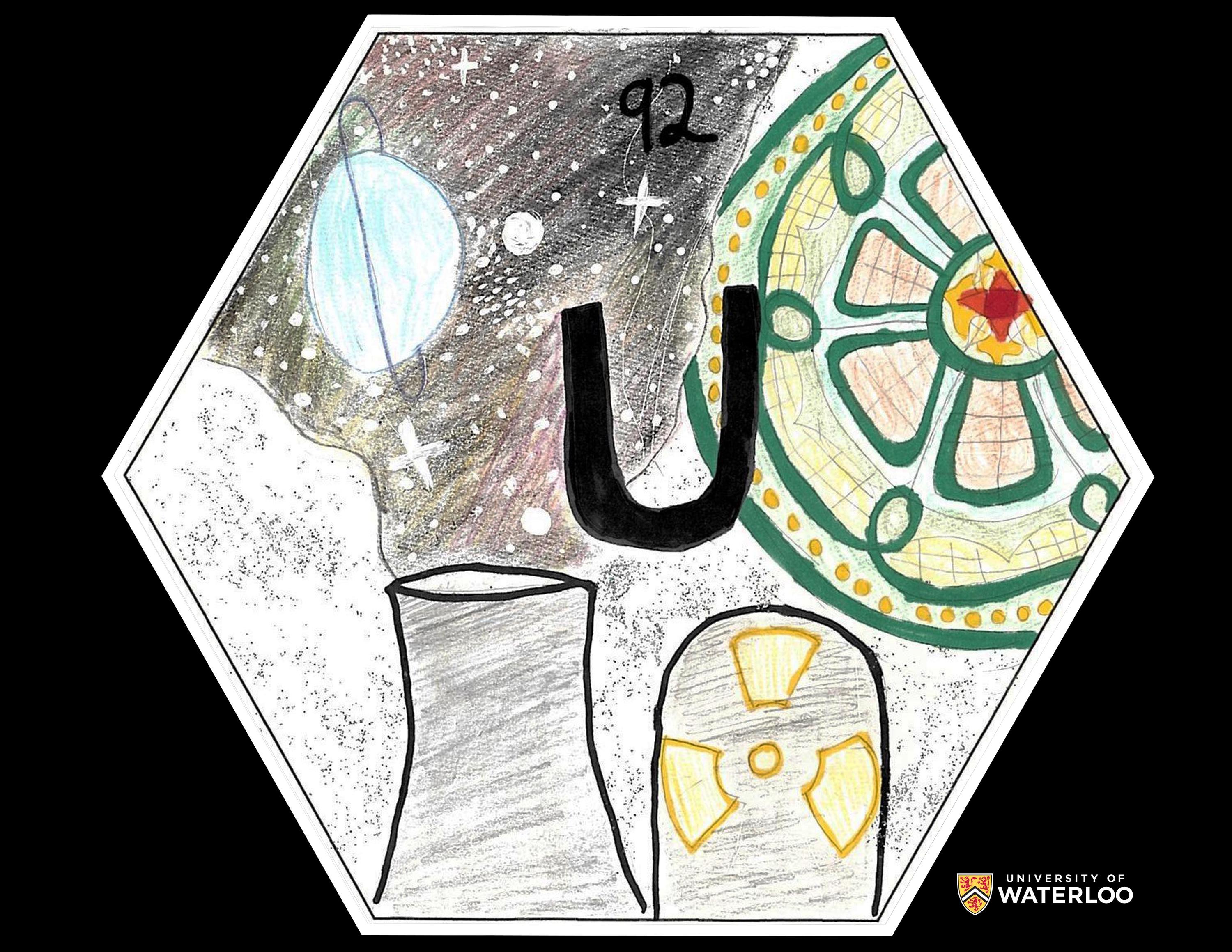 Pencil and pen on paper. Chemical symbol “U” in the centre with “92” above. Symbols of uranium in the background include nuclear power plant, stained glass window, glittery white substance representing raw uranium ore and the night sky featuring the planet Uranus.