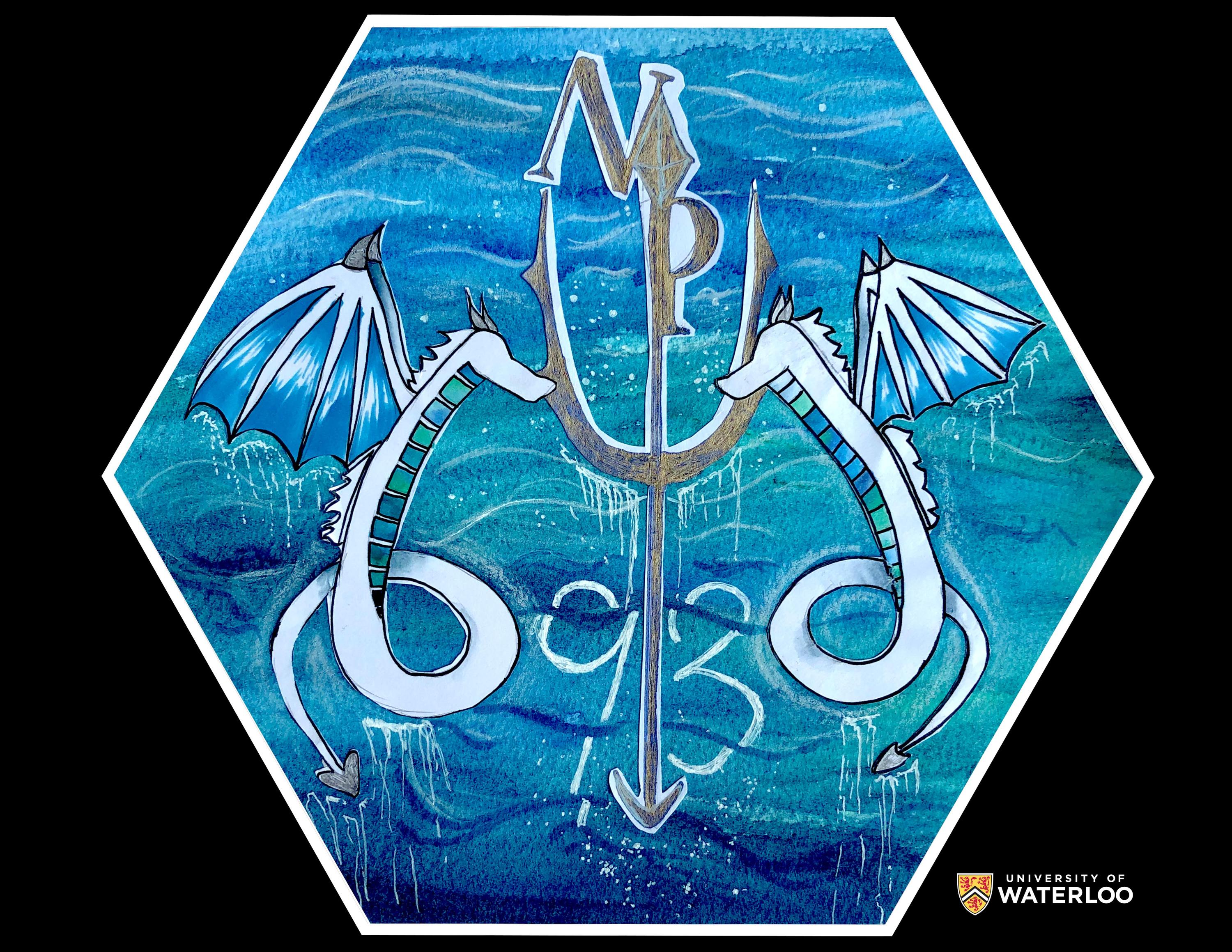 Pen and watercolor on blue background. The artwork shows an underwater scene. Centre is the chemical symbol “Np” appearing as part of a large trident. On each side are two mythical sea dragons. Below is “93”.