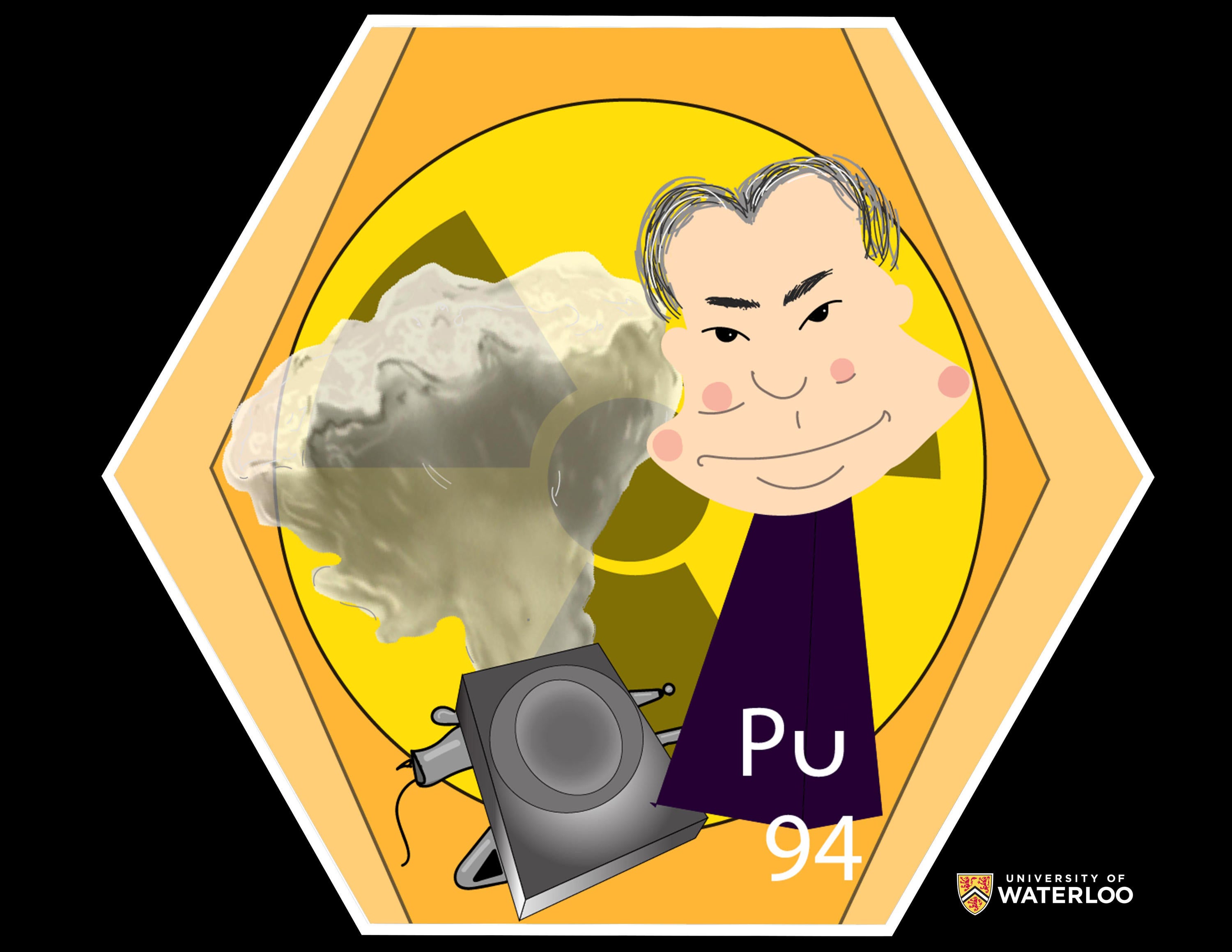 Digital composite on orange background. A cartoon head of Glenn Seaborg centre next to a device that represents a cyclotron with a nuclear mushroom explosion above. In the background is a large radioactive symbol. Chemical symbol “Pu” appears below with “94”.