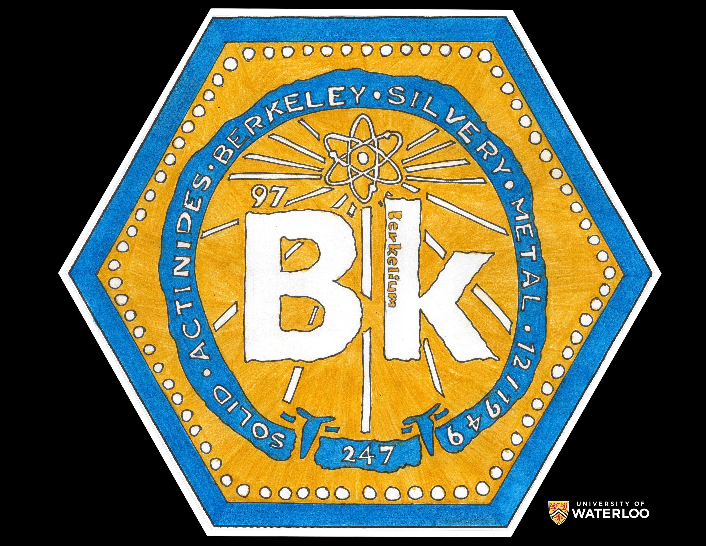 Colored pen and ink with an orange background with blue border. Centre in the middle of a blue circle is the chemical symbol “Bk” with “Berkelium” written in the “k” and a small “97” just above the “B”. Above is a radioactive symbol with lines radiating out. Within the circle are the words “Solid”, “actinides”, “Berkeley”, “Silvery”, “Metal”, “12,1949” and “247”.
