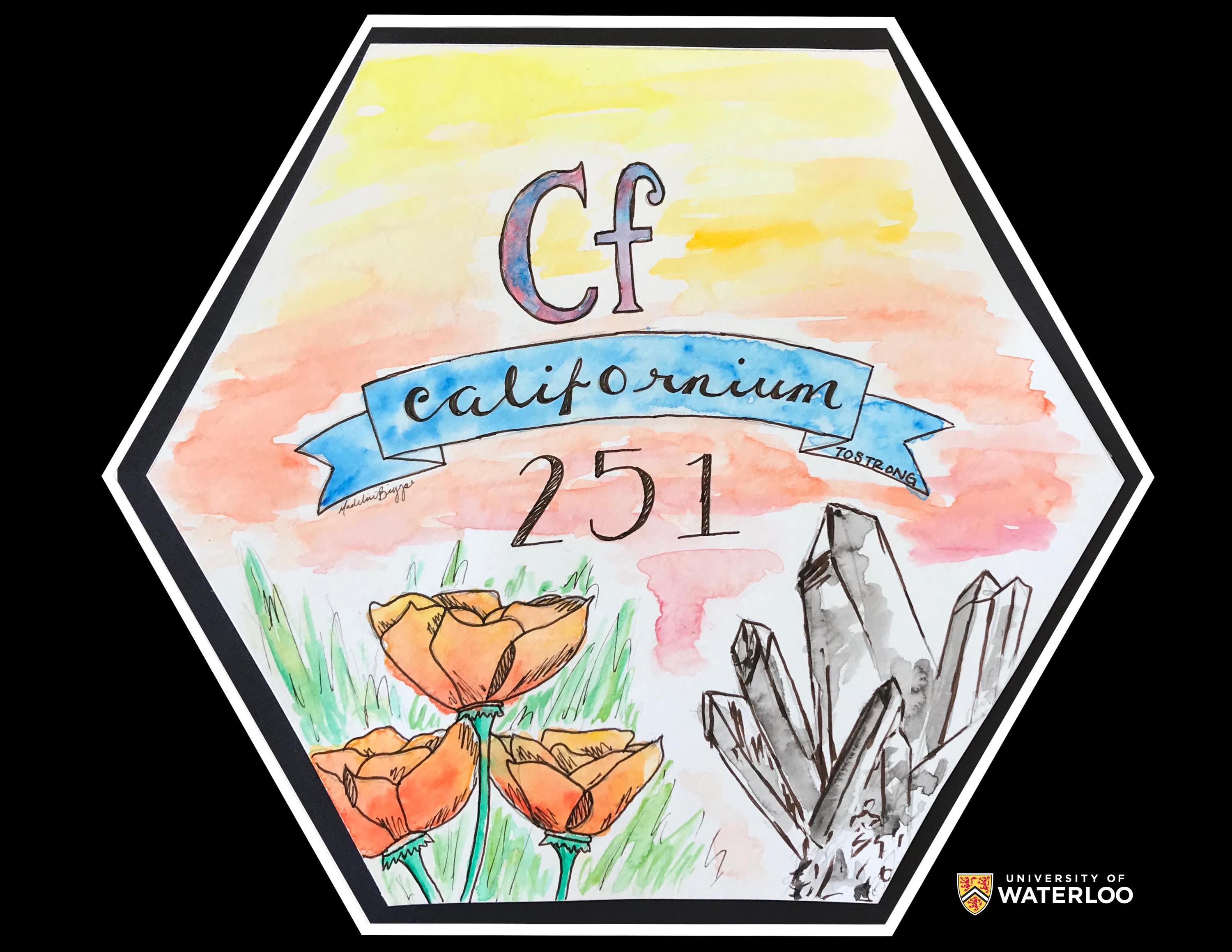 Pen and watercolor on white paper. Chemical symbol “Cf” centre with “Californium” and “251” written below. The background features a yellow, orange and red sky with wild roses and crystals in the bottom foreground.