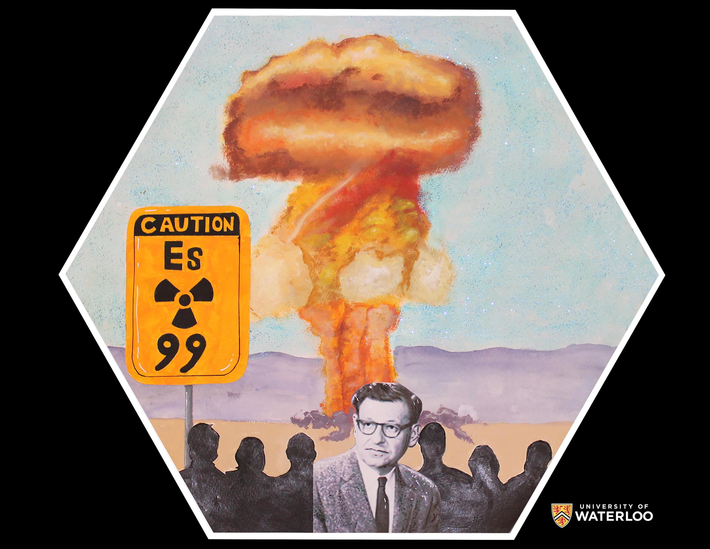 Digital composite. Albert Ghiorso appears in the centre bottom in front of a series of sillohettes. The background shows a beach scene and a nuclear explosion above. In the foreground is an orange road sign with “Caution”, “Es”, the nuclear symbol and atomic number “99” below.
