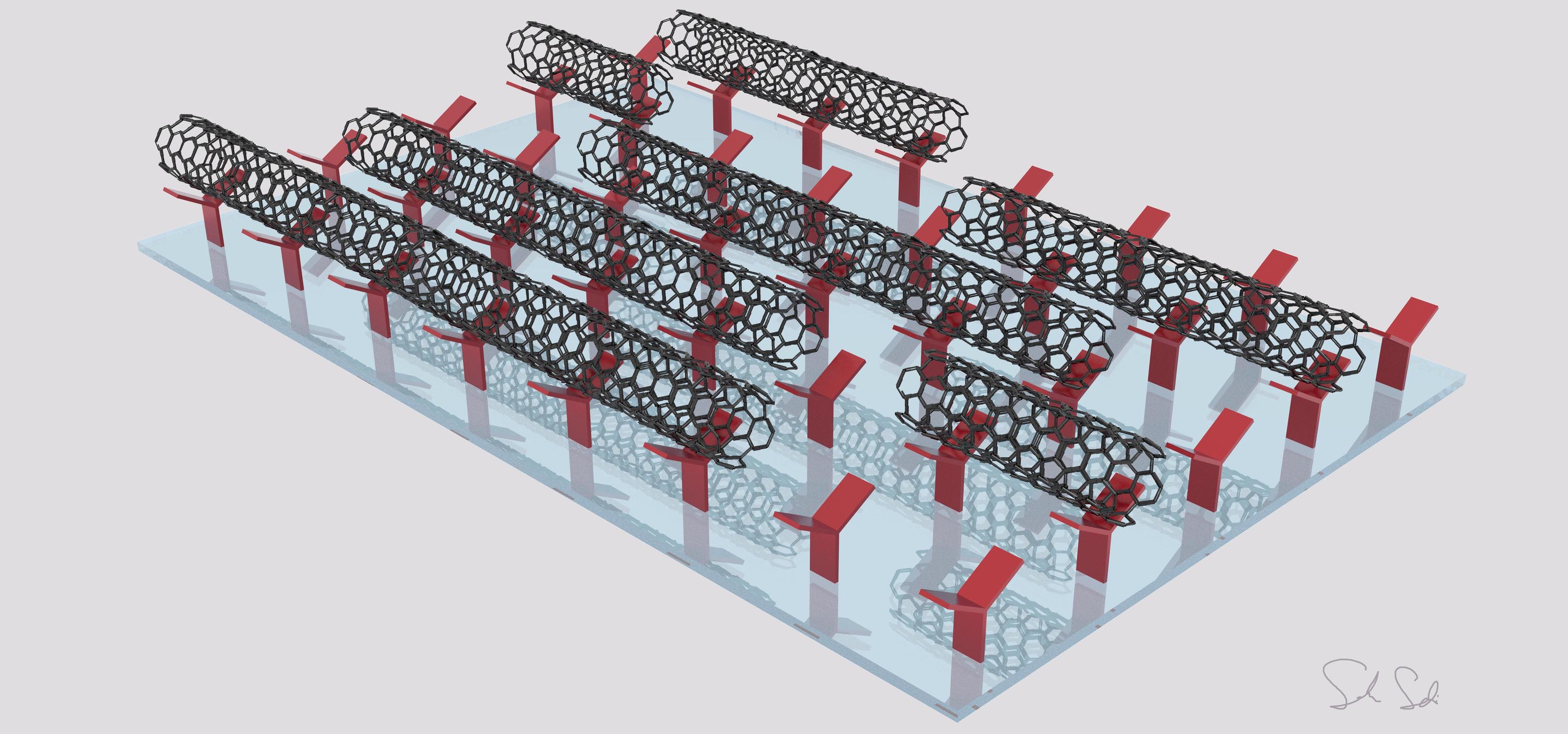 Illustration of carbon nanotubes depositing on a surface with the help of the alignment relay technique.