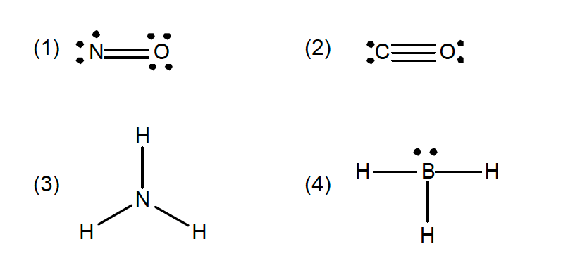 Lewis structures for (1) NO, (2) CO, (3) NH3 and (4) BH3.