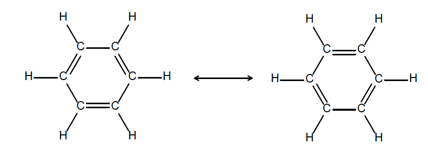 two resonance structures of the benzene molecule, \(\text{C}_{6}\text{H}_{6}\), connected by a double-headed resonance arrow.