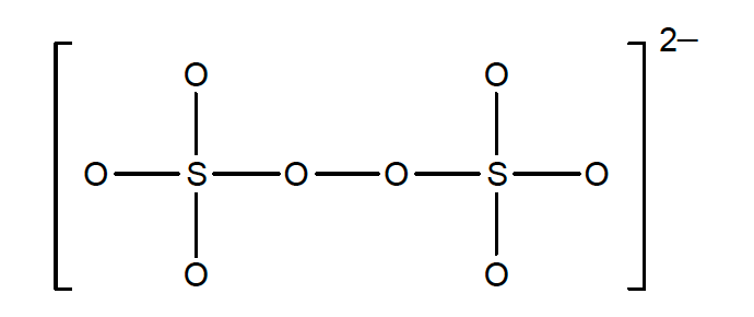 Structure of a peroxydisulfate ion. The ion consists of two sulfur atoms linked by a peroxide (\(\text{O}-\text{O}\)) bond, with each sulfur atom also bonded to three oxygen atoms.  