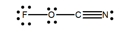 •	Lewis structure shows a chain of four atoms: fluorine (F), oxygen (O), carbon (C), and nitrogen (N).  F atom is on the far left has a single bond to the oxygen atom and three lone pairs of electrons (six dots) around it. O has a single bond to the F atom and a single bond to C with two lone pairs of electrons (four dots) around it. C has a single bond to O and a triple bond to the N atom and has no lone pairs of electrons. N has a triple bond to C and has one lone pair of electrons (two dots) around it.