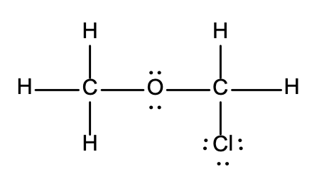 Lewis structure A: 1-chloro-1-methoxyethane, showing carbon, hydrogen, oxygen, and chlorine atoms with single bonds and lone pairs of electrons.