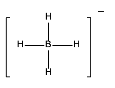 Lewis structure D: A chemical structure diagram of the borohydride ion (\(\text{BH}_{4}^{-}\)), which has a central boron atom bonded to four hydrogen atoms, with a negative charge on the ion. 