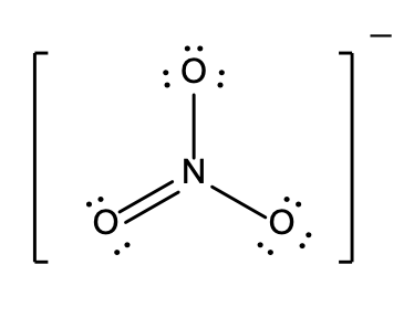 Lewis structure E: Nitrate ion with a central nitrogen atom is shown double-bonded to one oxygen atom and single-bonded to two other oxygen atoms.
