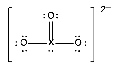 A Lewis structure for an ion with a central atom 'X' double-bonded to one oxygen atom and single-bonded to two other oxygen atoms, with a total charge of 2-.