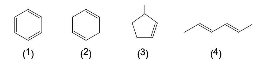 Four organic chemical structures: (1): A six-membered aromatic ring,  (2): A six-membered non-aromatic ring with two double bonds, (3): A five-membered ring with one double bond and a methyl group branch, (4): A straight-chain seven-carbon molecule with two double bonds.