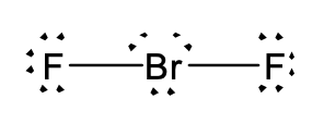 A Lewis structure diagram showing a central bromine atom (Br) single-bonded to a fluorine atom (F) on the left and a fluorine atom (F) on the right. The bromine atom has two lone pairs of electrons, one above and one below the atom symbol. Each fluorine atom has three lone pairs of electrons surrounding it.
