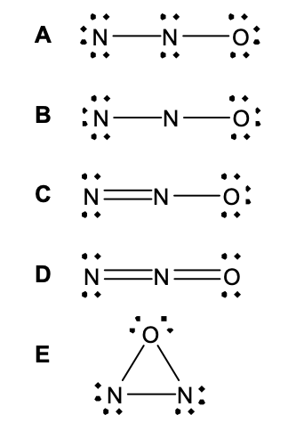 Five possible Lewis structures labeled A to E for the N2O molecule.