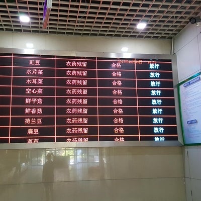 Big screen displaying the name of vendor, vegetable sold, and food safety test result