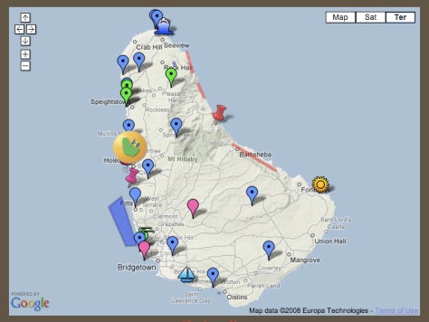 Google Map showing Barbados with pins.