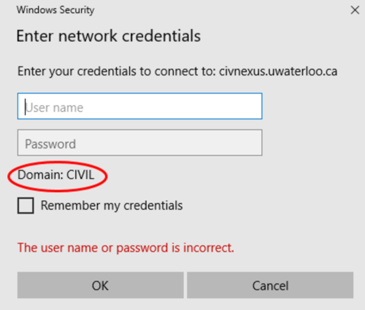 network credentials window