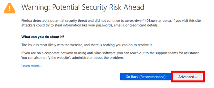 Locate the "Advanced" menu after receiving warning "Potential Security Risk Ahead"