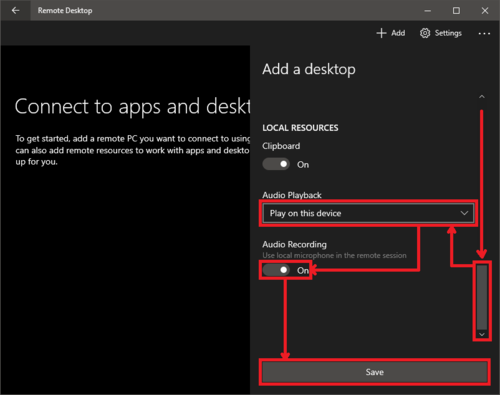 Remote desktop connection window save button