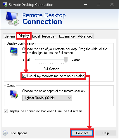 Remote desktop connection window display tab