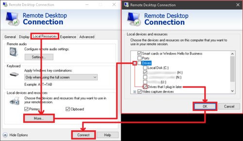 remote desktop connection local resources tab