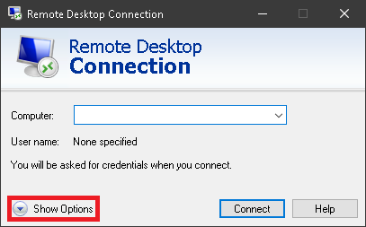 remote desktop connection show options button