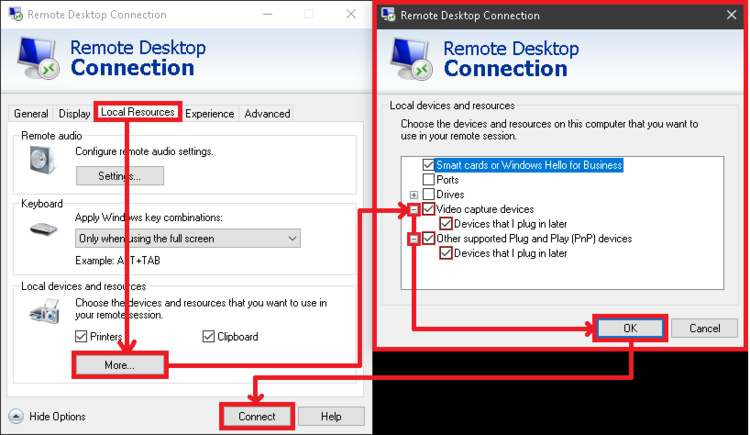 Remote desktop connection video capture device checkbox tab