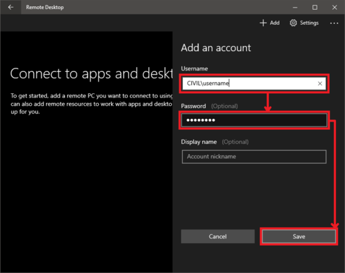 Remote desktop connection window add an account