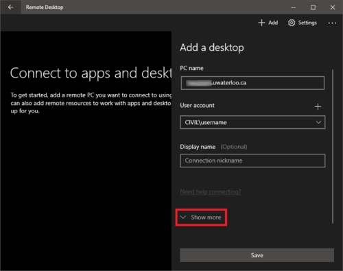 Remote desktop connection window show more checkbox