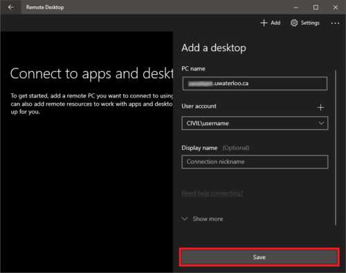 Remote desktop connection window save