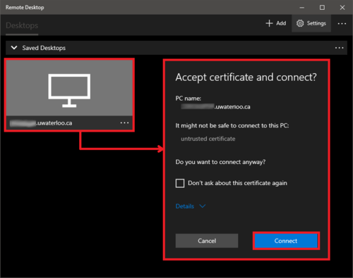 Remote desktop connection window connect button