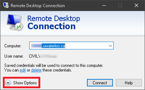 remote desktop connections show options button