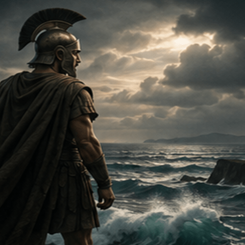 Odysseus looking out over crashing waves