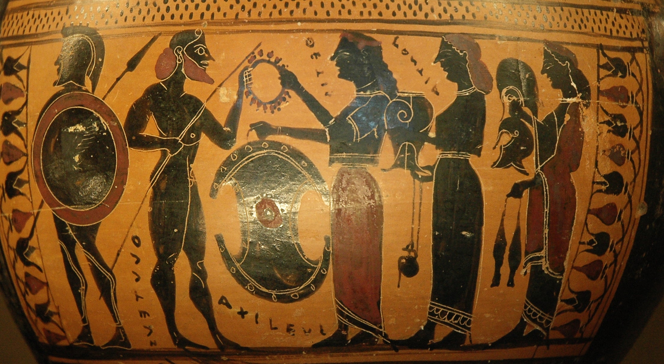 Thetis gives her son Achilles his weapons newly forged by Hephaestus, detail of an Attic black-figure hydria