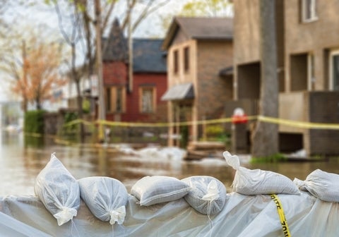 Sandbags in flooded residential street