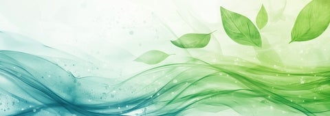 Abtract graphic with blue and green wavy lines and leaves